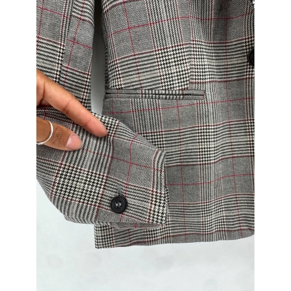 Zara Womens Glen Plaid Blazer Grey Red Check Single‎ Button Tailored Jacket